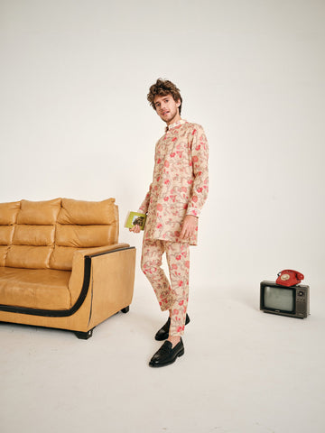 Pink and Cream Floral Rhapsody Kora Chanderi Kurta Pajama Set - (Ready To Ship)