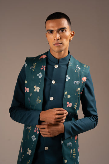 Teal Mila Bandhgala Set - (Ready To Ship)