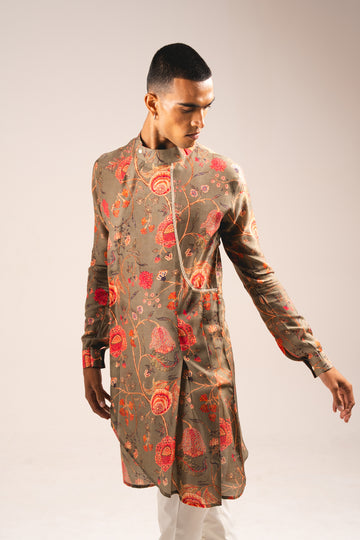 Khakhi Garden of Eden Pleated Kurta Pajama Set - (Ready to Ship)