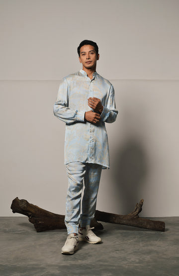 SKY LAMINA MODAL SATIN KURTA PAJAMA LOUNGE SET (Ready to Ship)