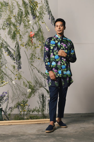 MIDNIGHT DUE COTTON SATIN KURTA PAJAMA WITH MIDNIGHT MILANO LINEN SATIN BANDI -(Ready To Ship)