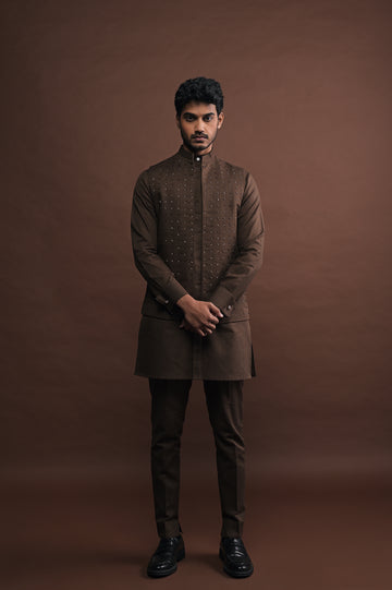 Mocha Embroidered Bandi with matching kurta pajama set