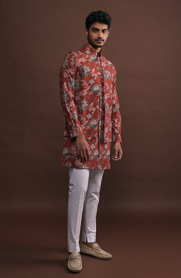 Garnet Open Bandi with matching kurta and white pajama set