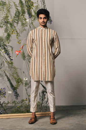 CHAMPAGNE RIGA KURTA WITH MATCHING PAJAMA - (Ready To Ship)