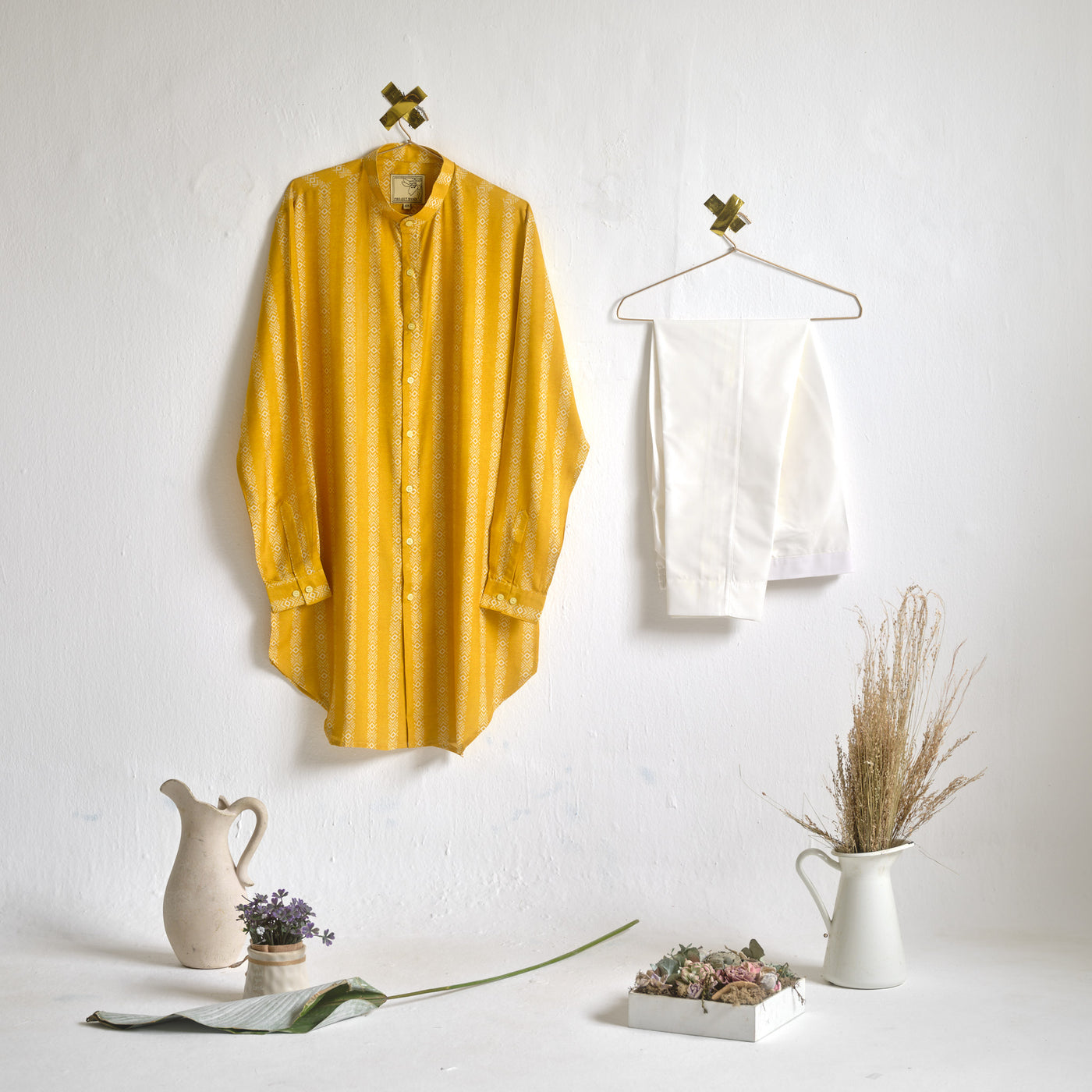 Yellow Chevron Stripe Malai Cotton Kurta Pajama Set