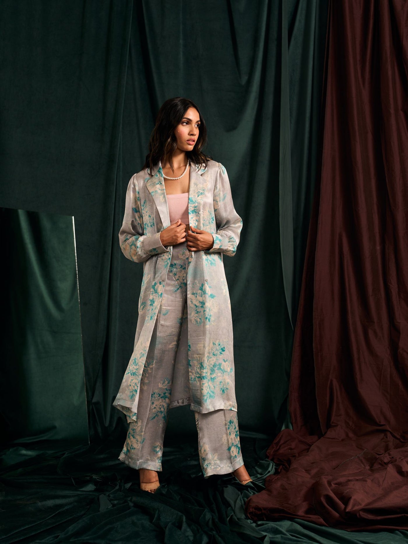 Printed double breasted duster and pants set in Viscose Gaji Silk