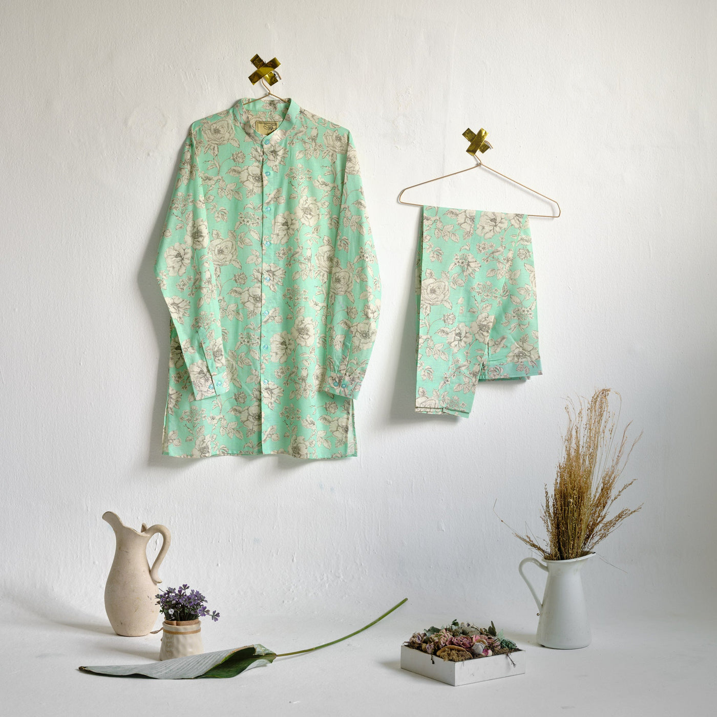 Mint Garden Rose Linen Kurta Pajama Set - RTS