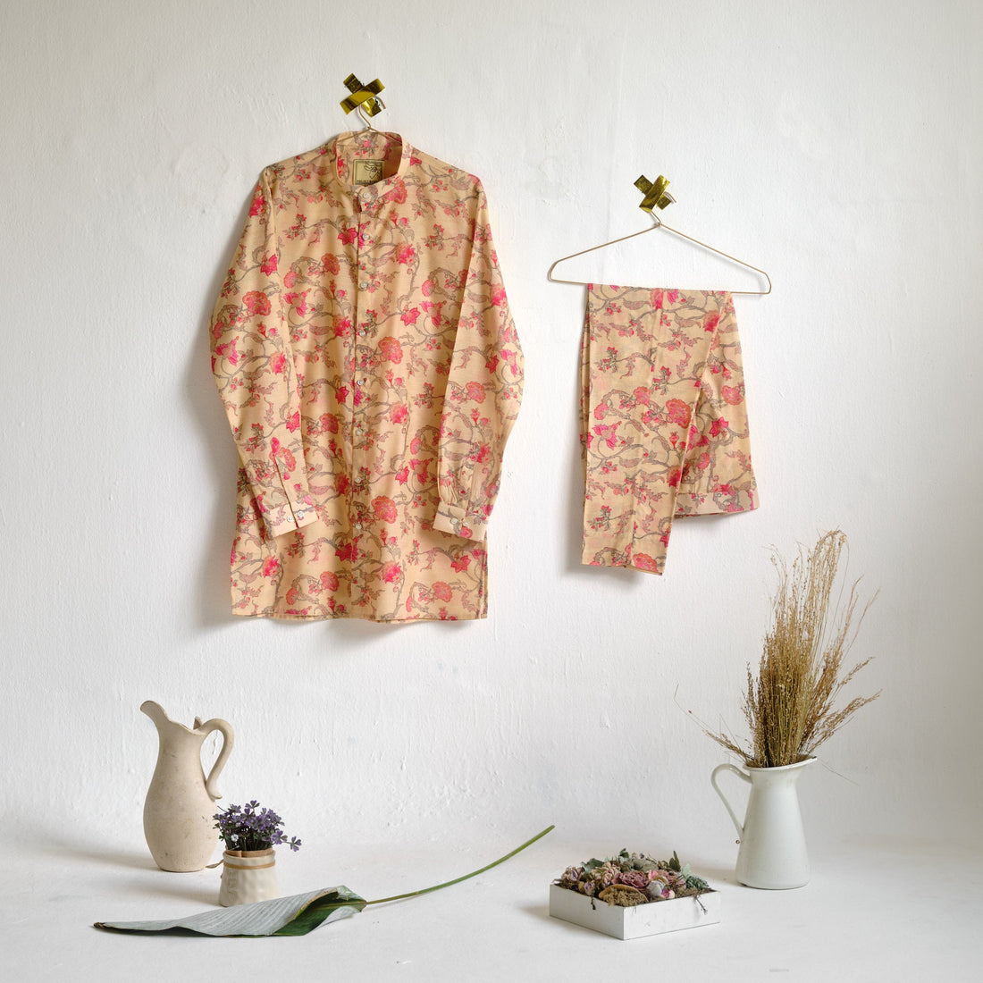 Pink and Cream Floral Rhapsody Kora Chanderi Kurta Pajama Set - (Ready To Ship)