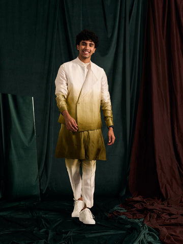 MOSS OMBRE MODAL LINEN KURTA WITH CREAM PAJAMA & MOSS OMBRE MODAL LINEN ASYMMETRIC BANDI -RTS