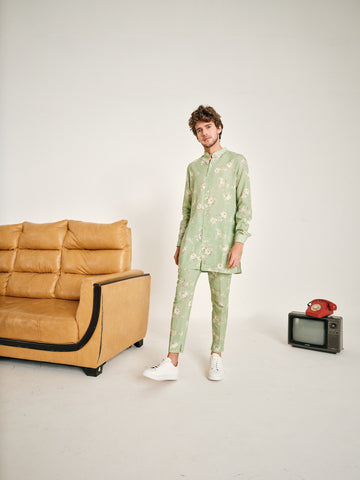 Mint Gulab Linen Kurta Pajama Set - (Ready to Ship)