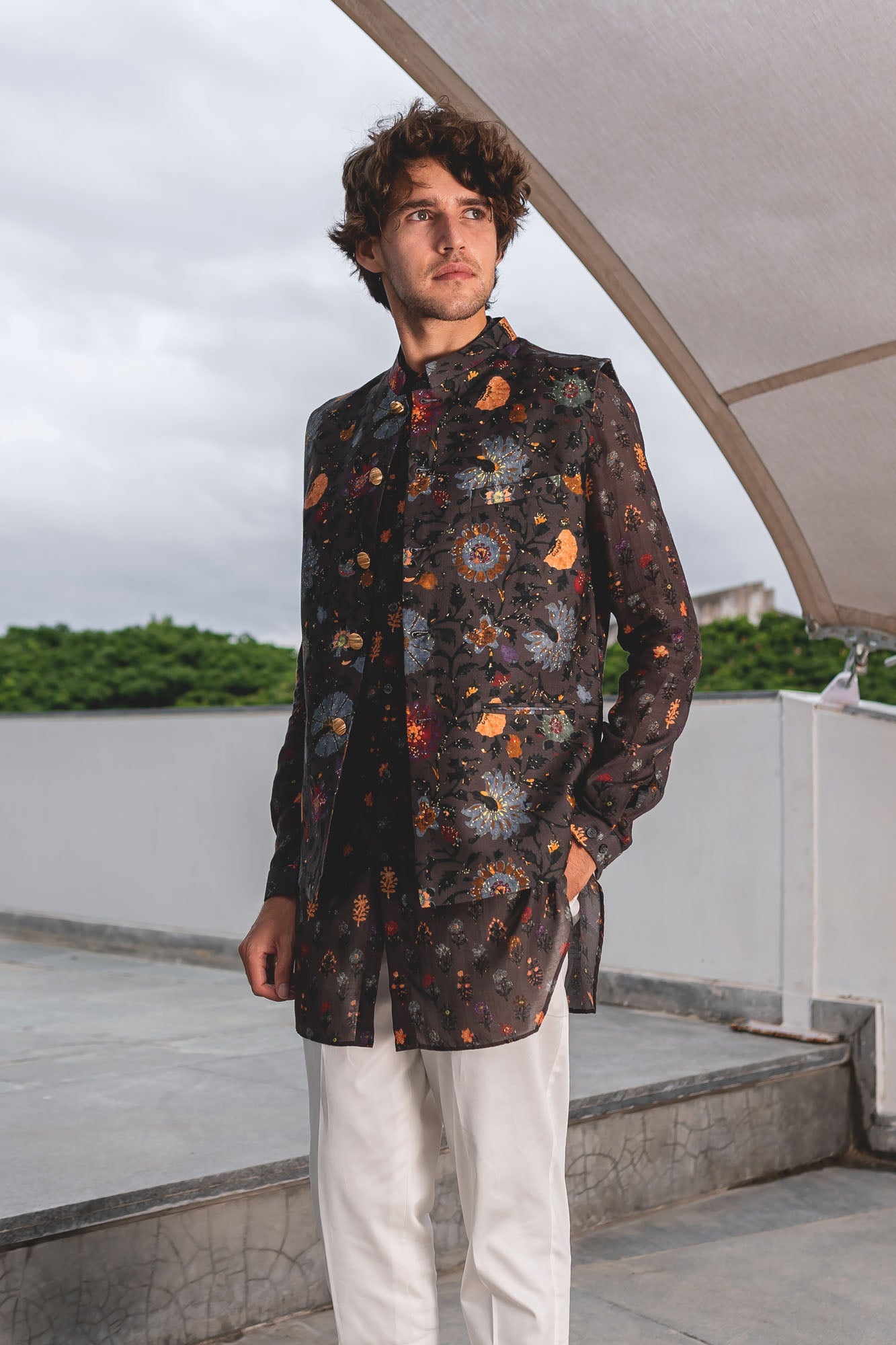 The Charcoal Flora Cotton Kurta Pajama Set with Charcoal Ren Bandi