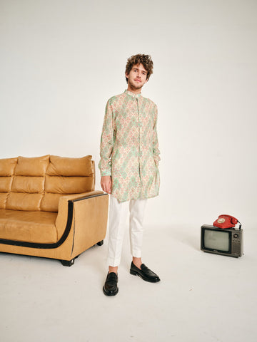 Cream and Jade Gul Malai Cotton Kurta Pajama Set - (Ready To Ship)