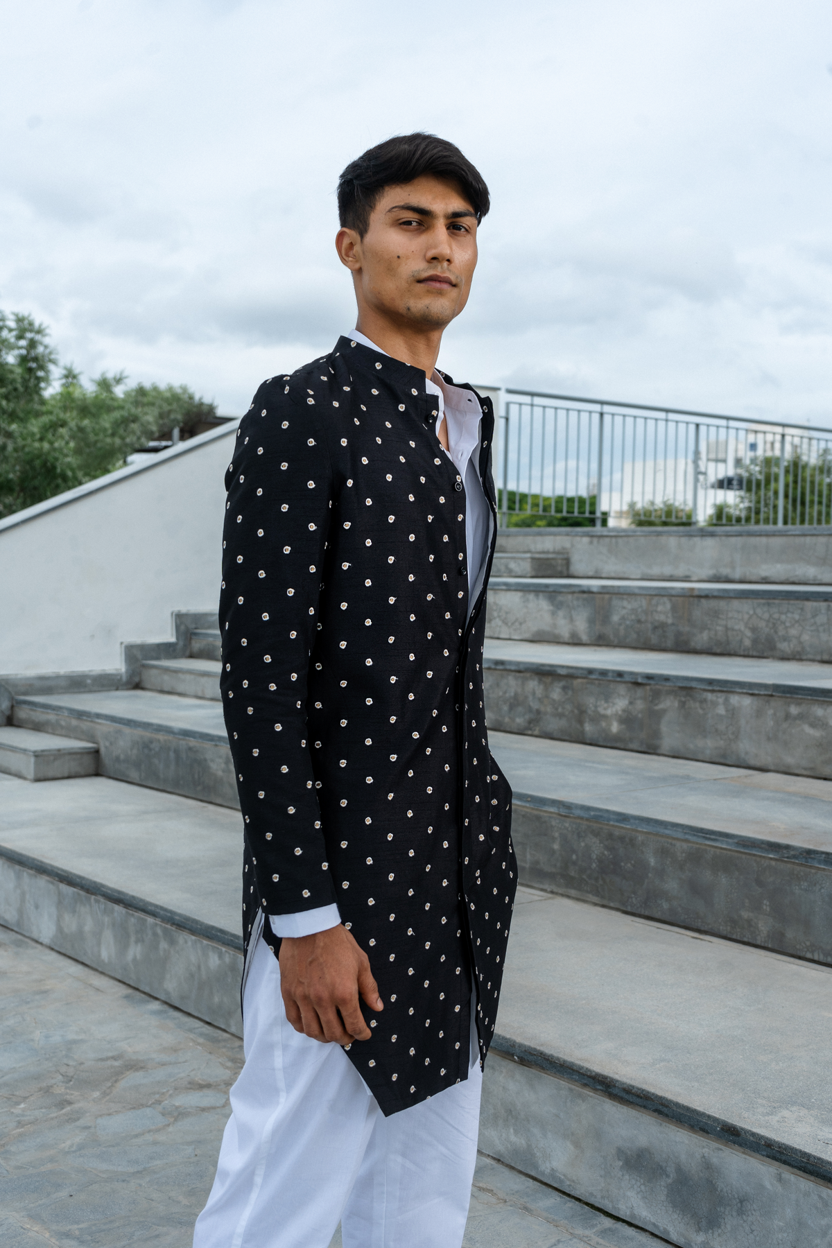 BLACK DROPPED DUPION SILK ACHKAN WITH WHITE KURTA PAJAMA