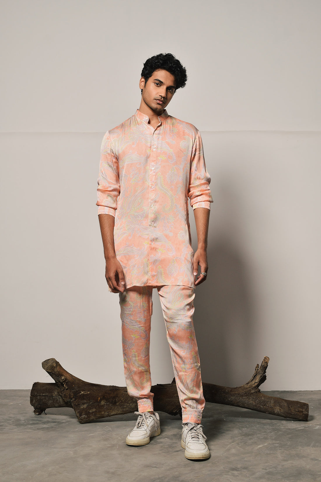 PEACH LAMINA MODAL SATIN KURTA PAJAMA LOUNGE SET - RTS