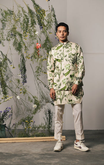 OLIVE BRAVA LINEN SATIN KURTA PAJAMA SET & OLIVE BRAVA LINEN SATIN BANDI