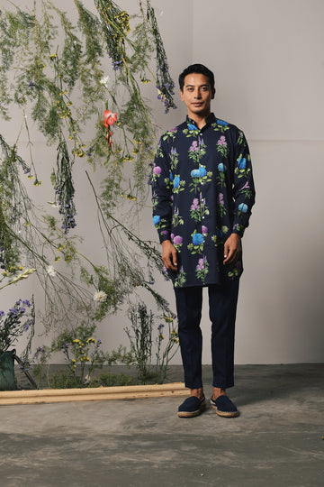 MIDNIGHT DUE COTTON SATIN KURTA WITH MATCHING PAJAMA - Ready To Ship