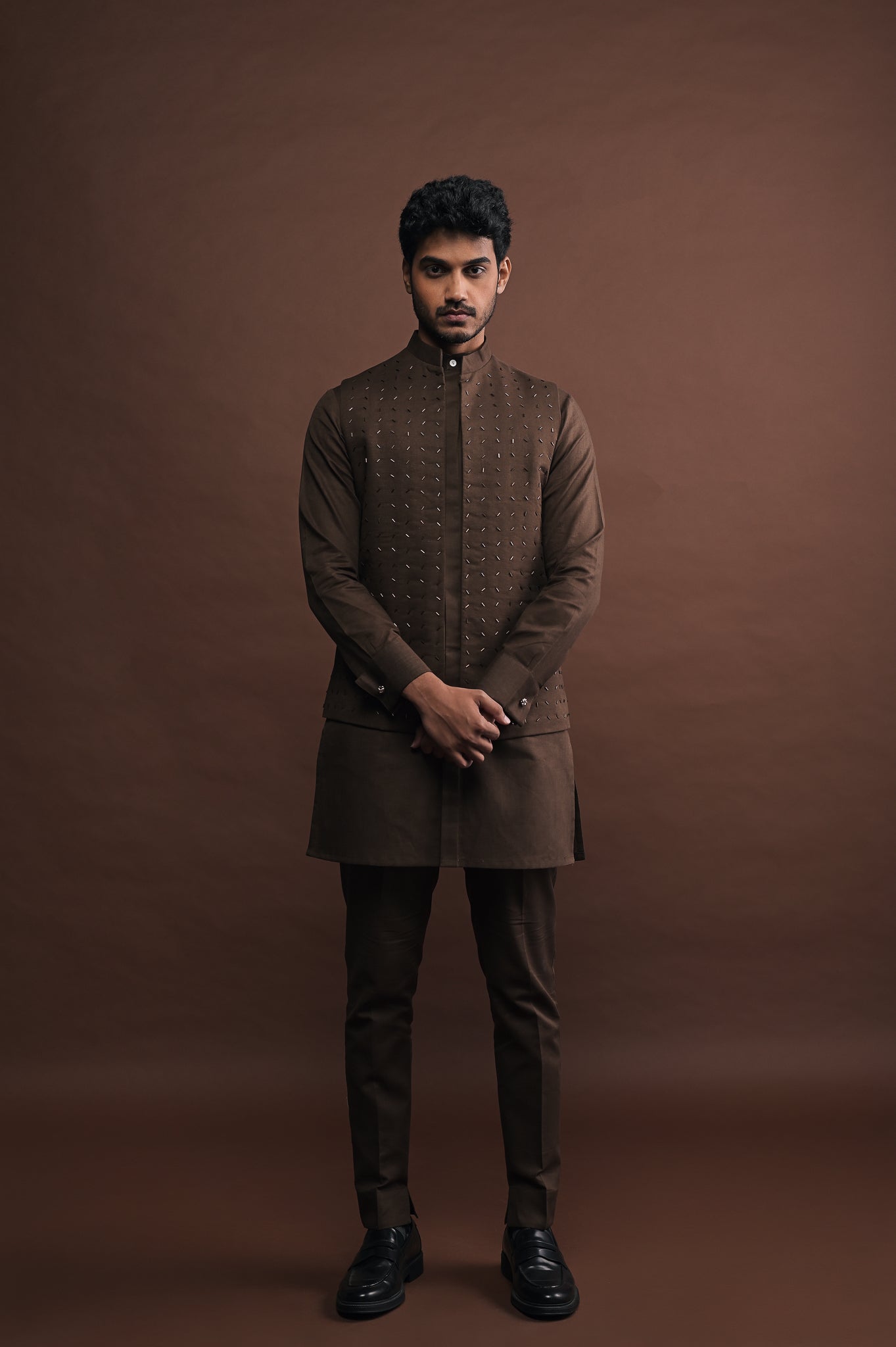 Mocha Embroidered Bandi with matching kurta pajama set