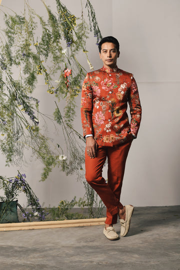 RED ROMA BANDHGALA AND PAJAMA SET