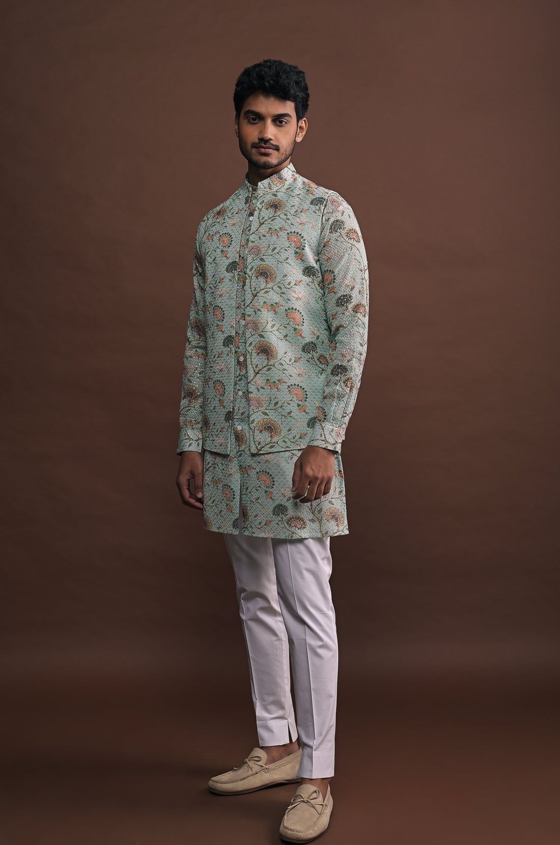 Mist Open Bandi with matching kurta and white pajama set