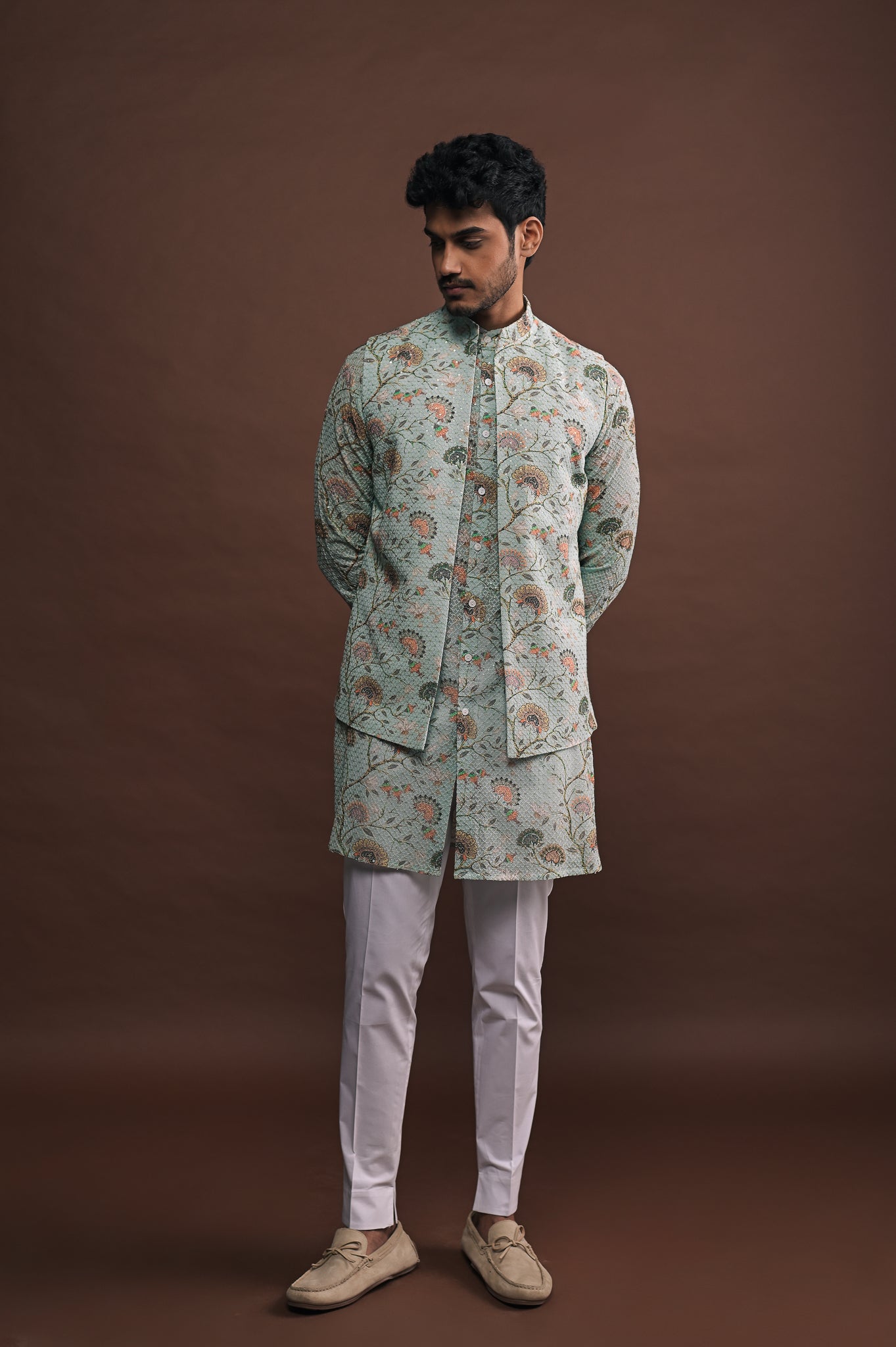 Mist Open Bandi with matching kurta and white pajama set