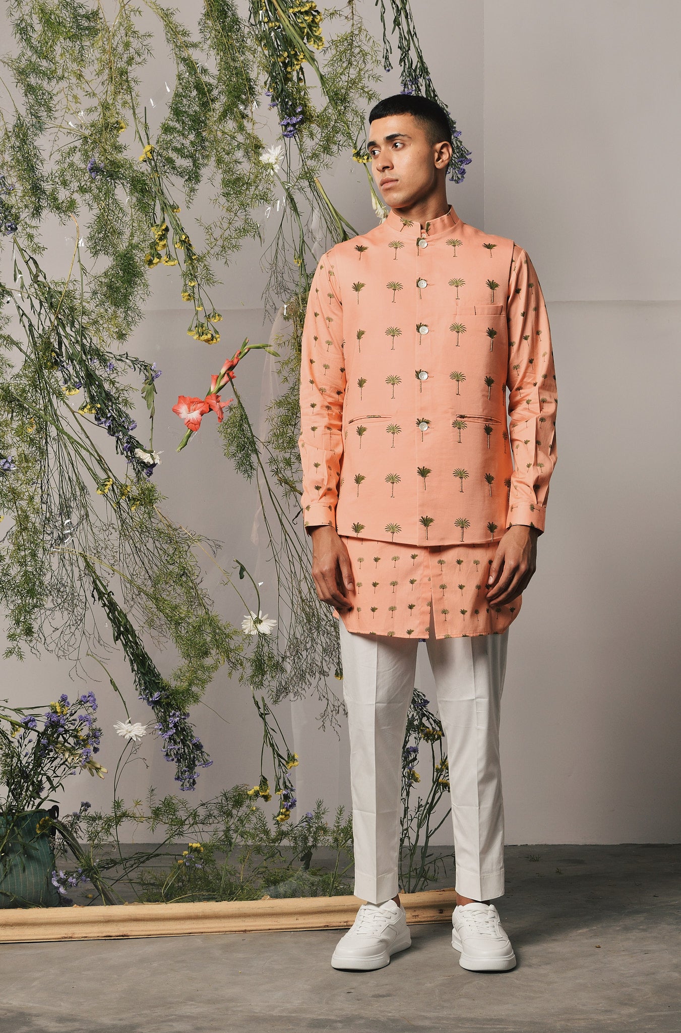 PEACH PICCOLO COTTON SATIN KURTA PAJAMA WITH PEACH PALMA EMBROIDERED COTTON SATIN BANDI