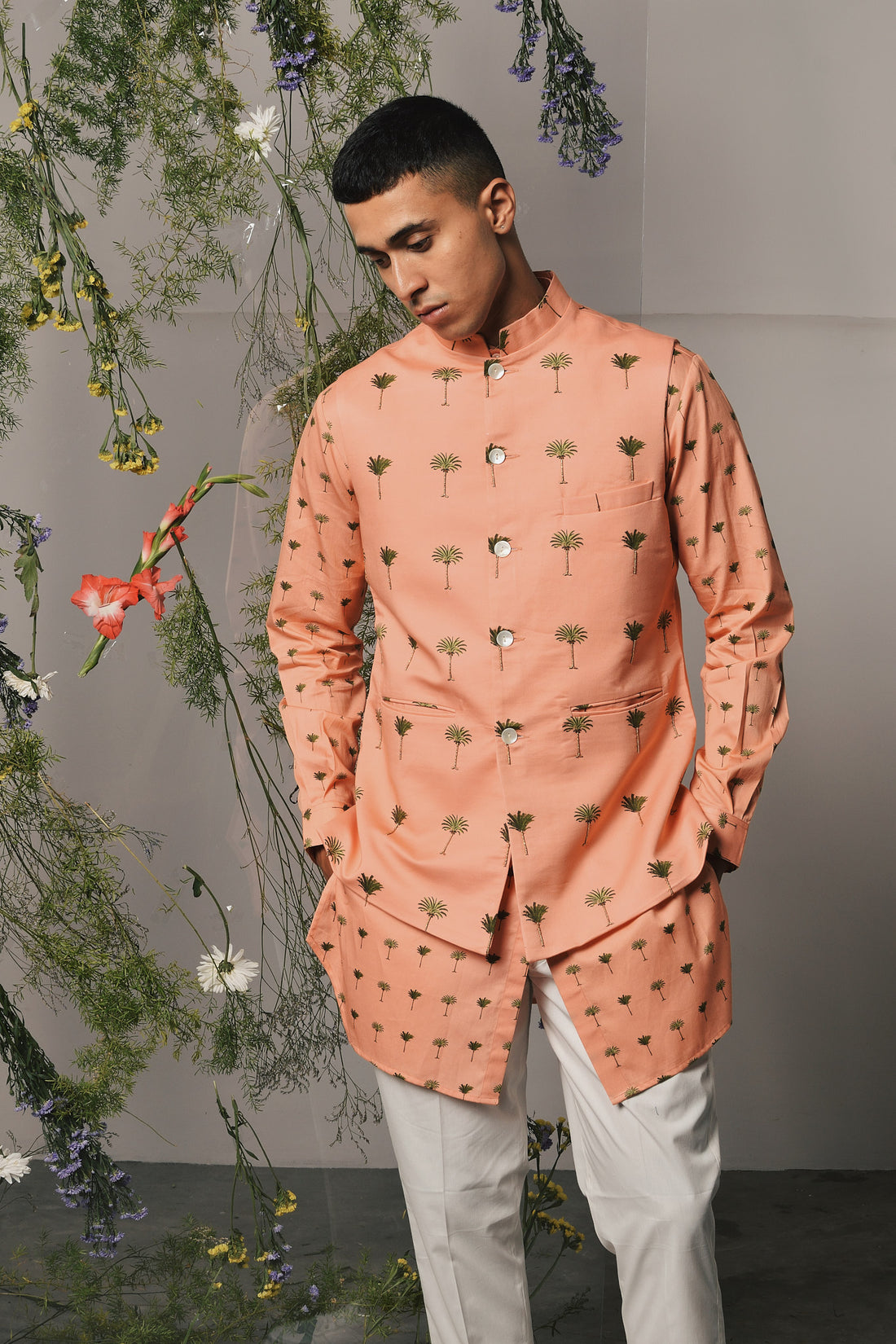 PEACH PICCOLO KURTA PAJAMA WITH PEACH PALMA EMBROIDERED BANDI