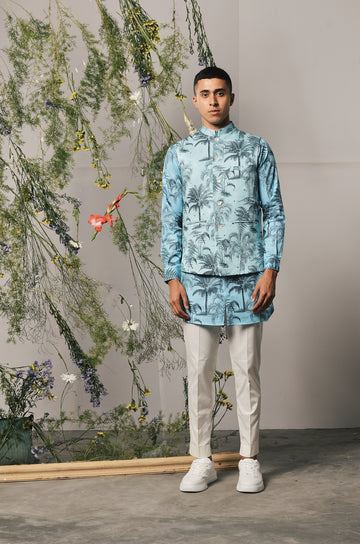 BLUE PALERMO COTTON SATIN KURTA PAJAMA WITH BLUE PALERMO EMBROIDERED BANDI