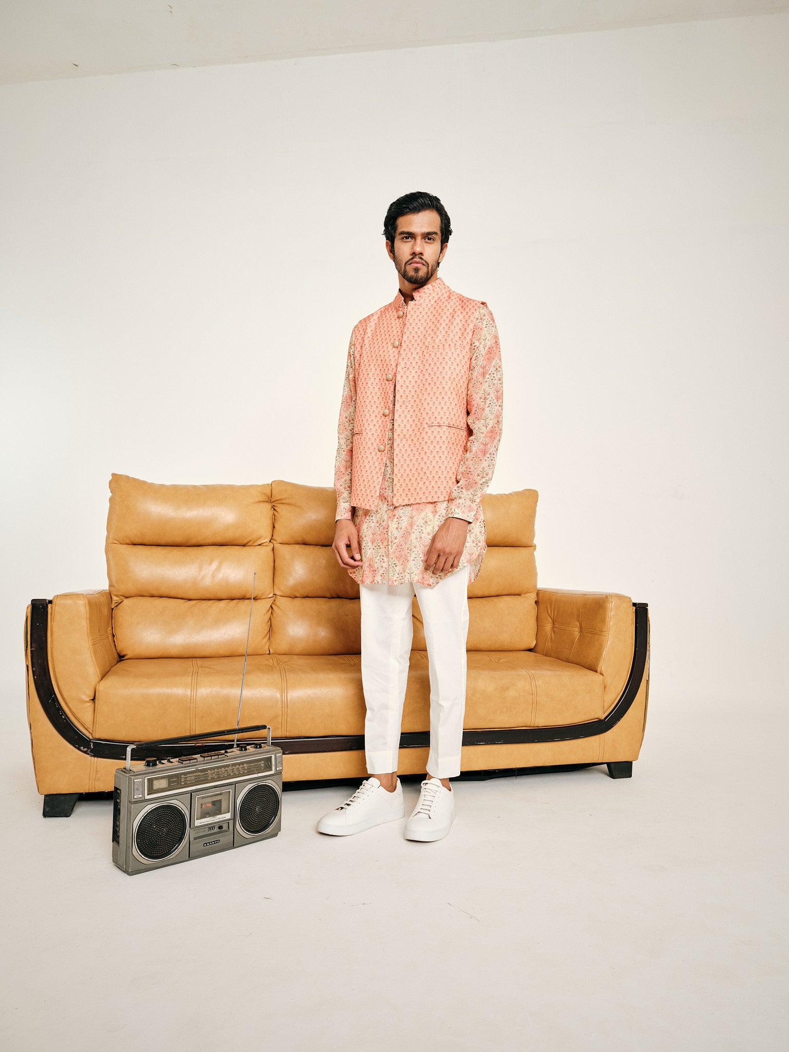 Cream and Peach Gul Kurta Pajama & Peach Blossom Bandi