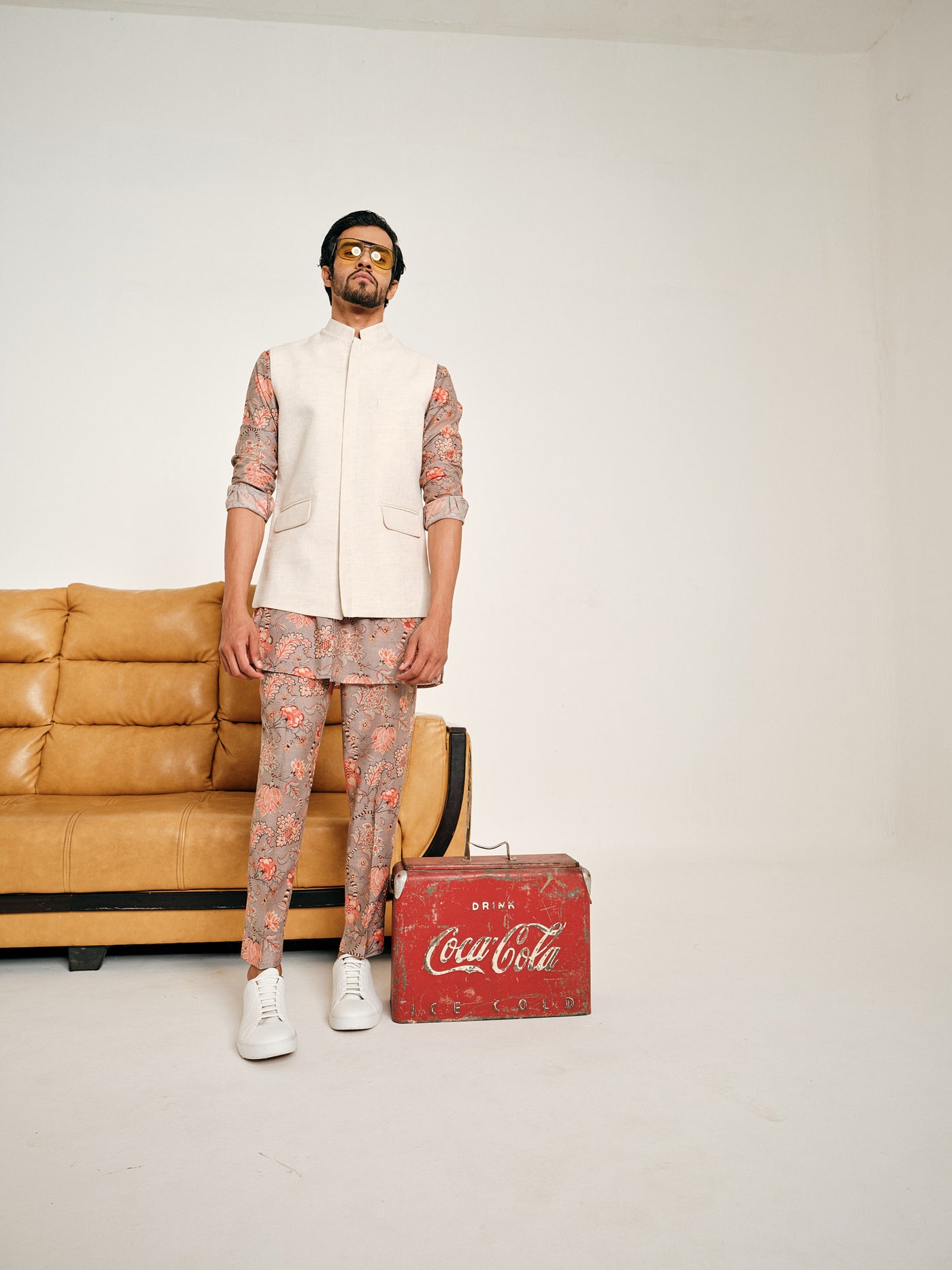 Charcoal Hamdard Chanderi Cotton Kurta Pajama Set & Cosmic Latte Cotton Linen Bandi