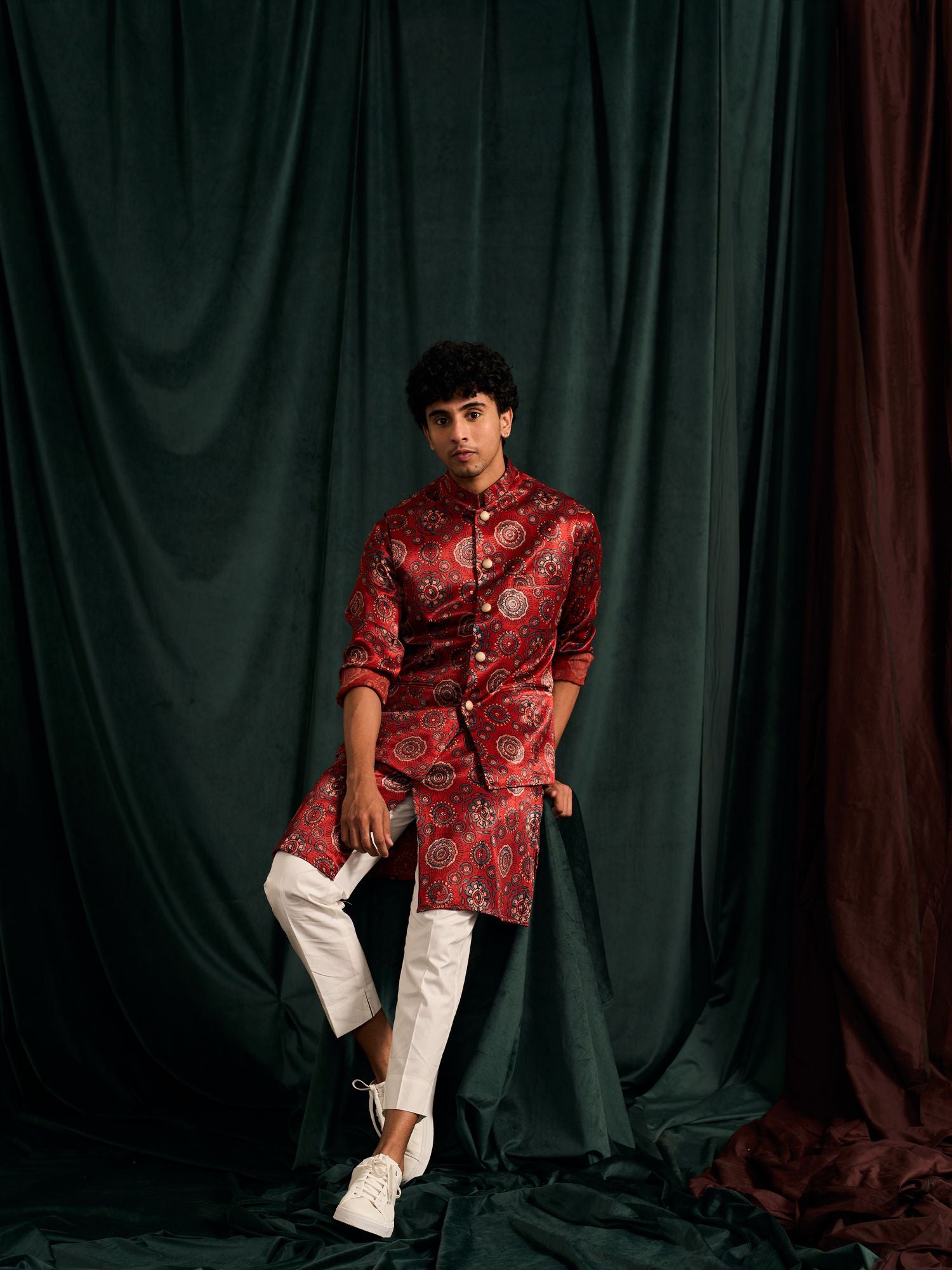 RUBY CHAKRA MASHRU KURTA WITH CREAM PAJAMA & RUBY CHAKRA MASHRU BANDI