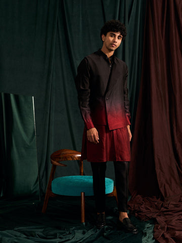 BURGUNDY OMBRE KURTA PAJAMA & BURGUNDY OMBRE ASYMMETRIC BANDI