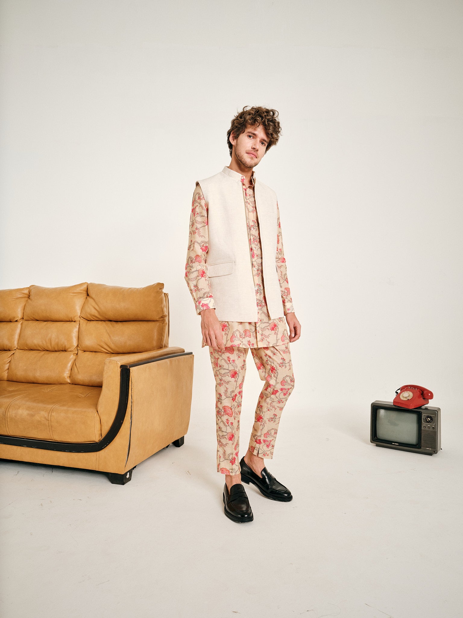 Pink and Cream Floral Rhapsody Kurta Pajama & Cosmic Latte Bandi