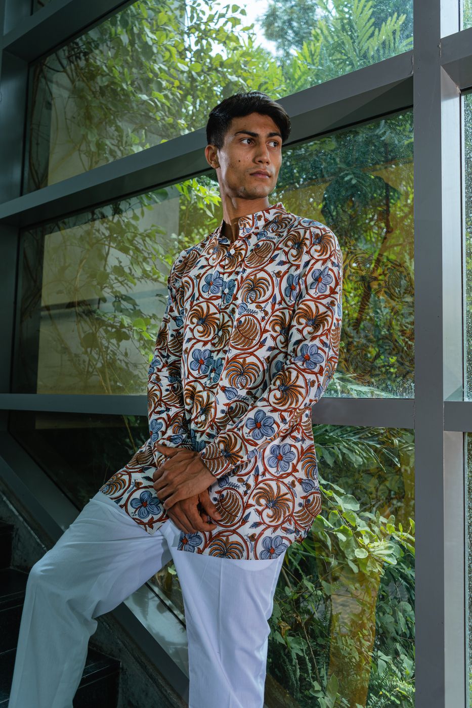 Desert blue hibiscus print cotton shirt kurta -(Ready To Ship)