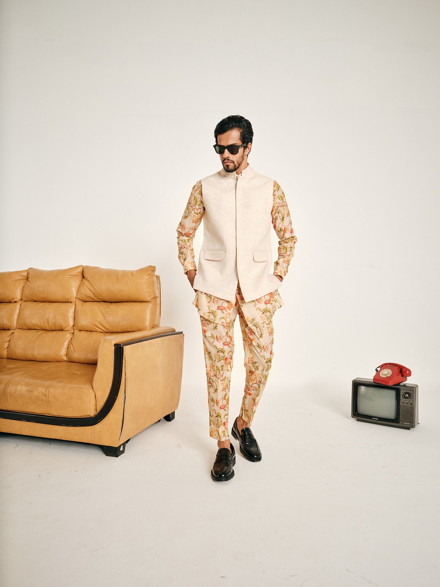 Ivory Floral Rhapsody Kurta Pajama & Cosmic Latte Bandi