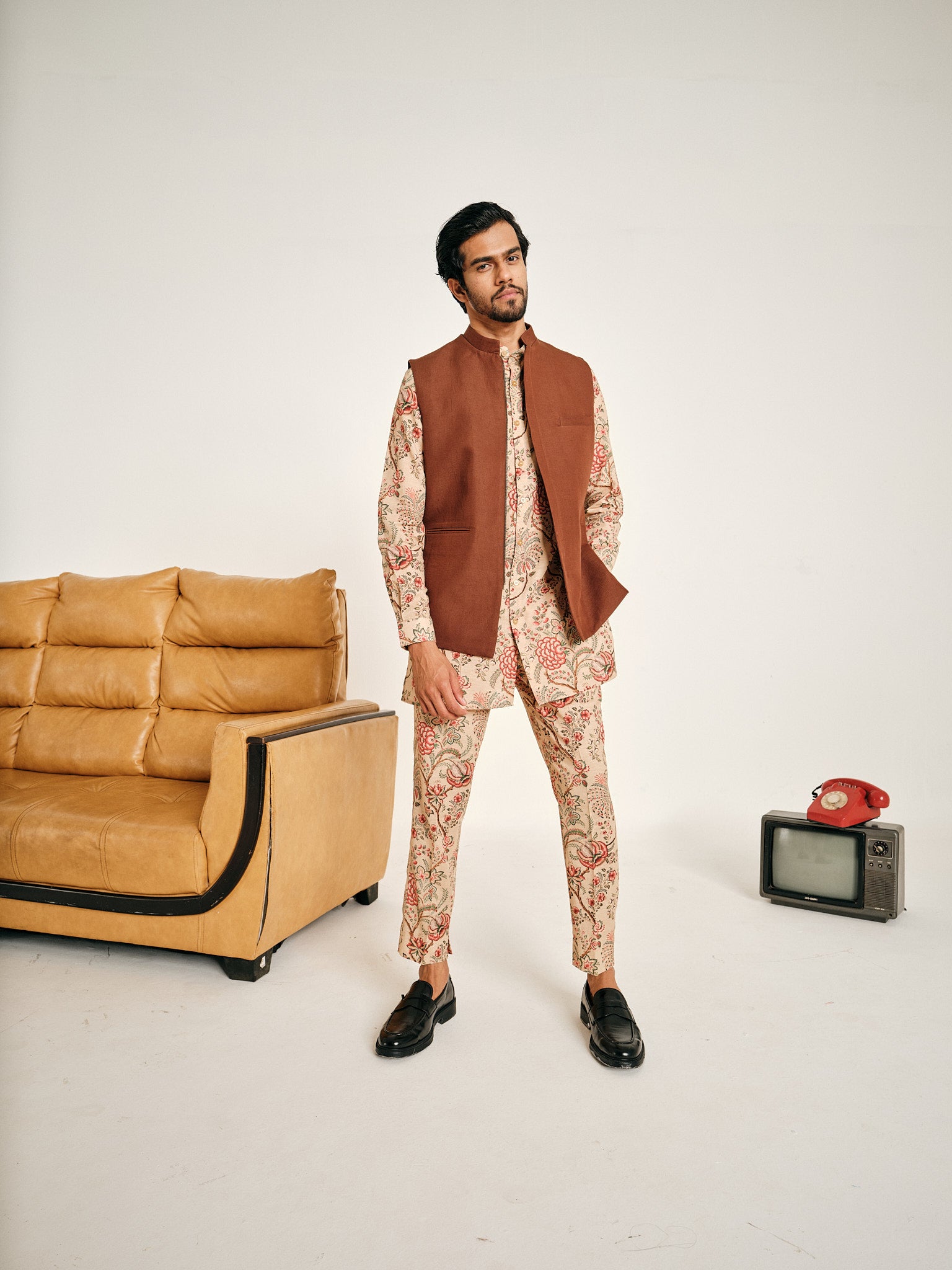 Beige Begum Cotton Kurta Pajama Set & New York Cotton Linen Bandi