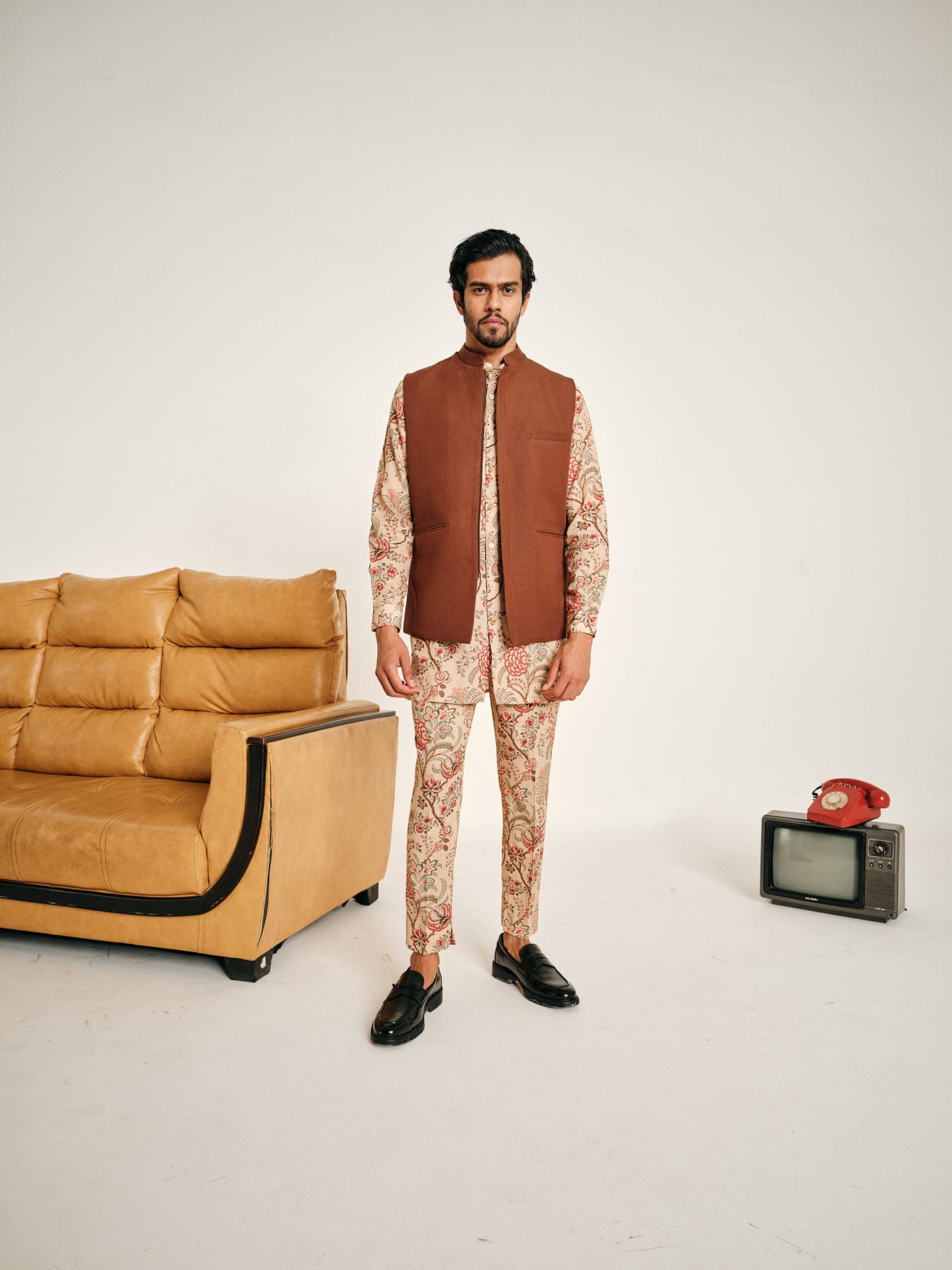 Beige Begum Cotton Kurta Pajama Set & New York Cotton Linen Bandi