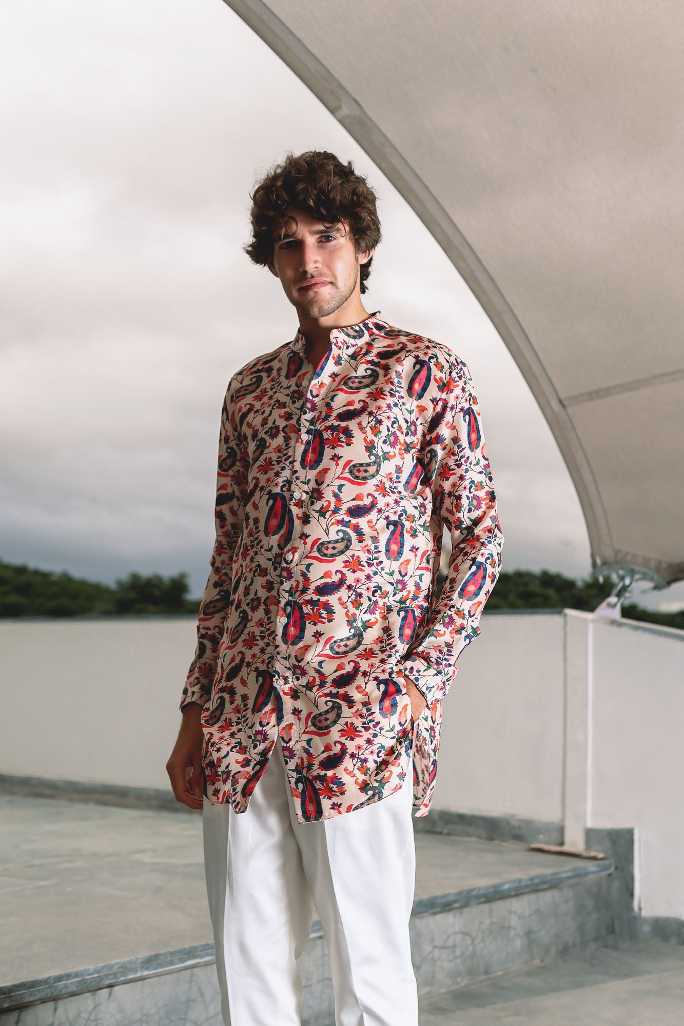 Ivory Paisley Art Silk Shirt Kurta