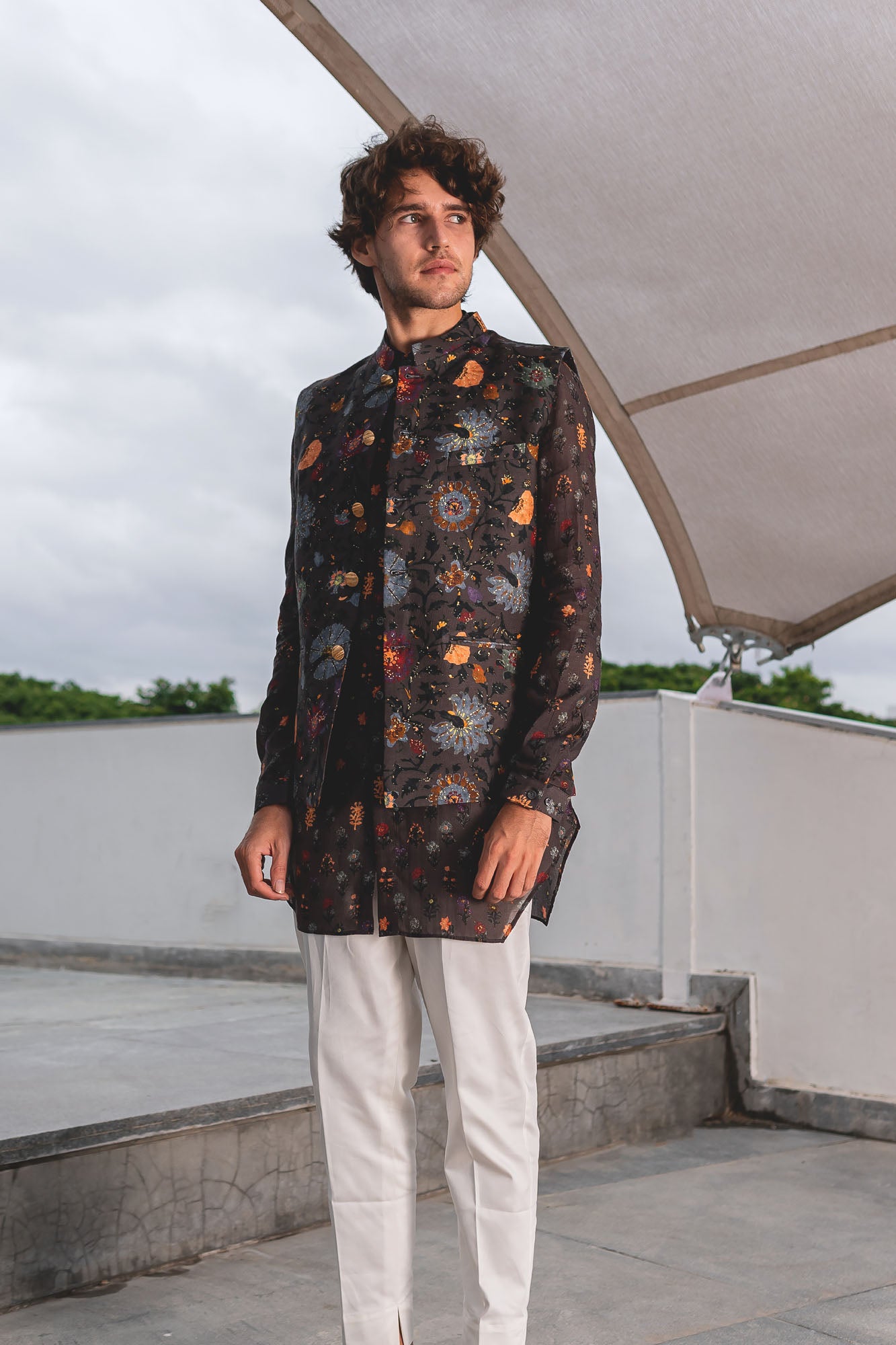 The Charcoal Flora Cotton Kurta Pajama Set with Charcoal Ren Bandi