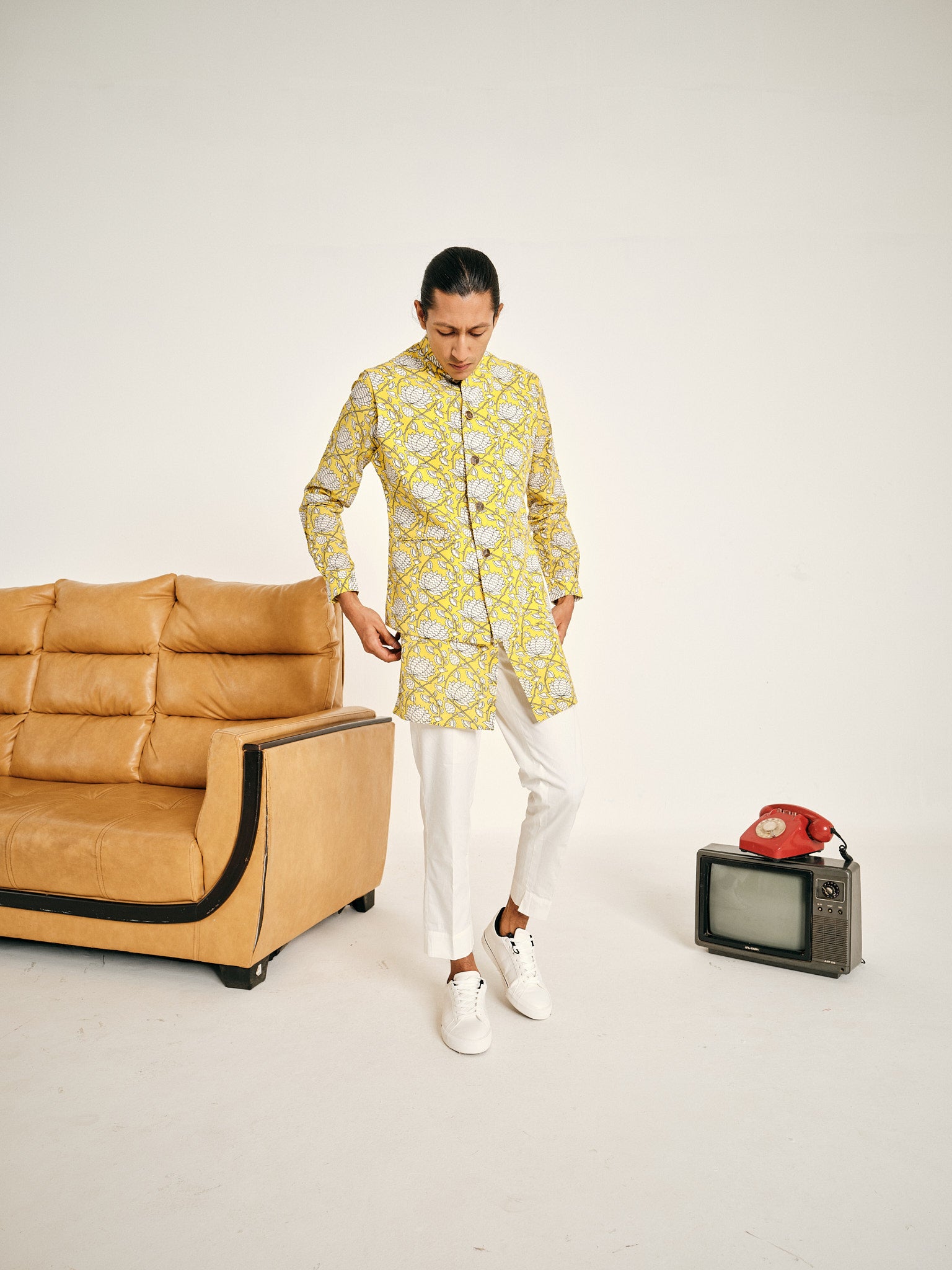 Yellow Kamal Cotton Kurta Pajama Set & Yellow Kamal Cotton Bandi