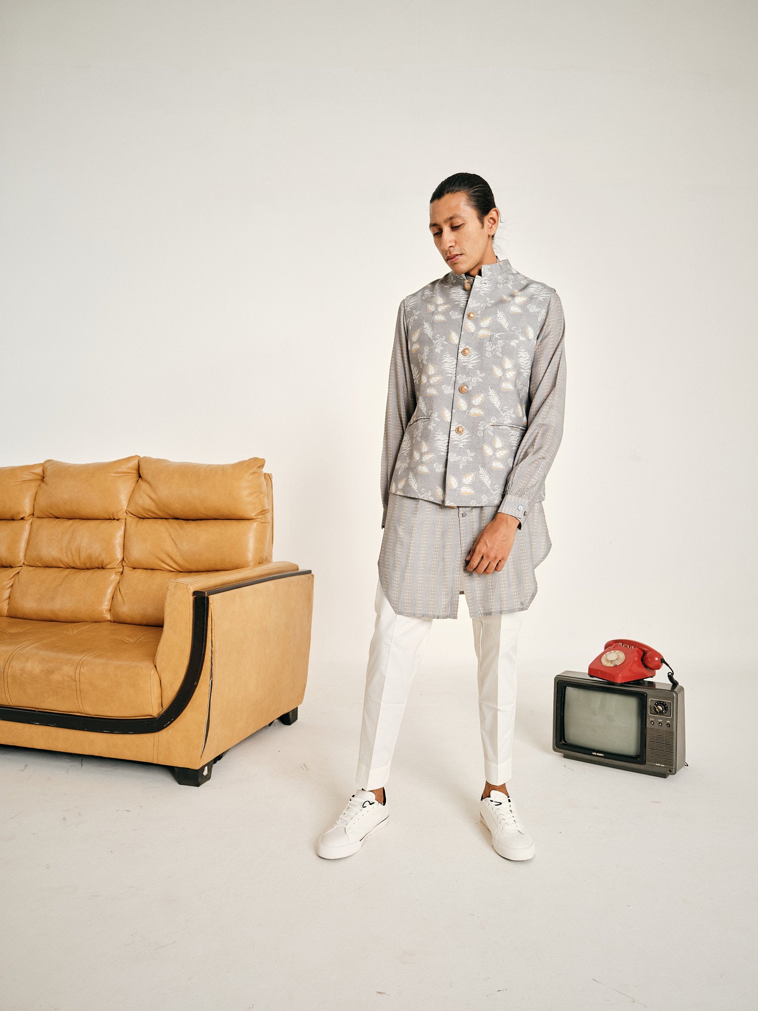 Grey Stripe Malai Cotton Kurta Pajama Set & Mountain Ash Grey Bandi