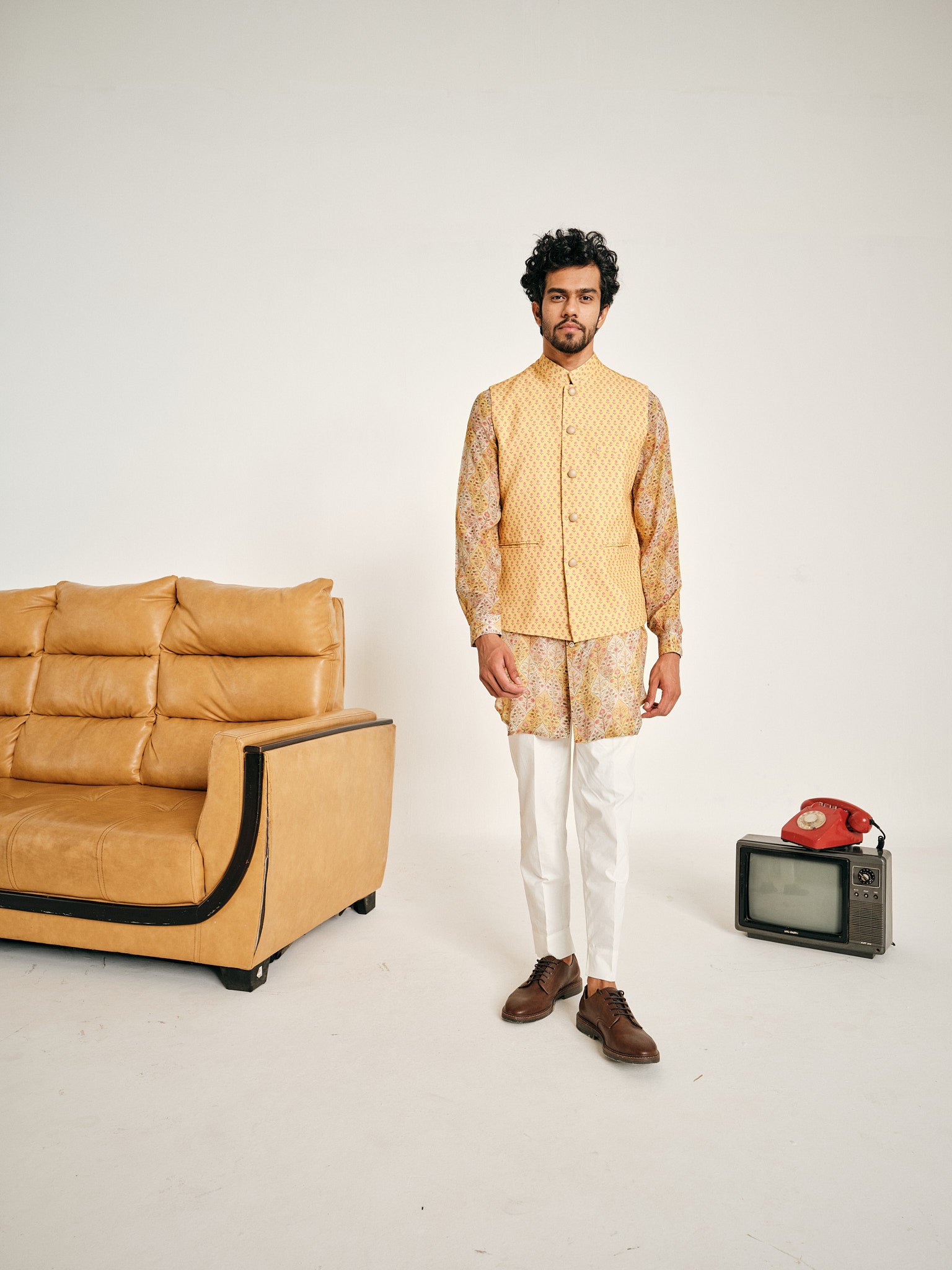 Cream and Yellow Gul Malai Cotton Kurta Pajama Set & Yellow Blossom Bandi