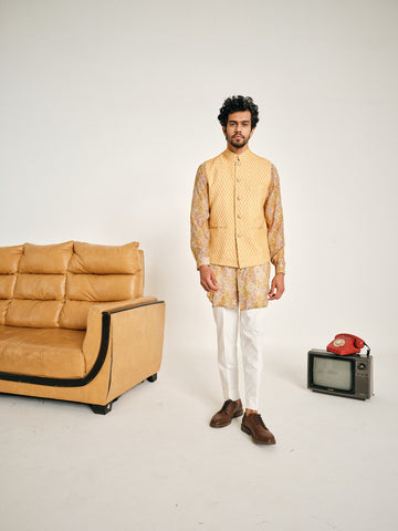 Cream and Yellow Gul Kurta Pajama & Yellow Blossom Bandi