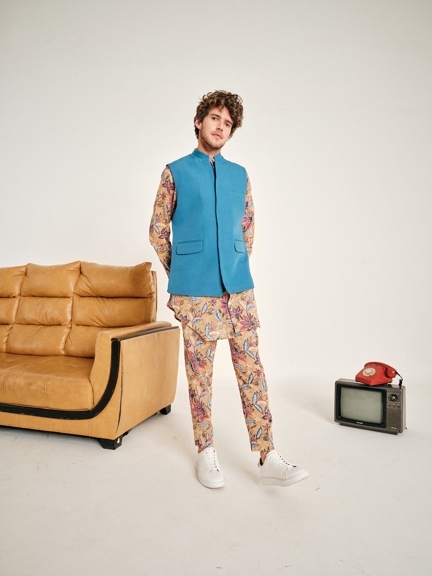 Mustard Gardenia Cotton Kurta Pajama Set with & Mykonos Cotton Linen Bandi
