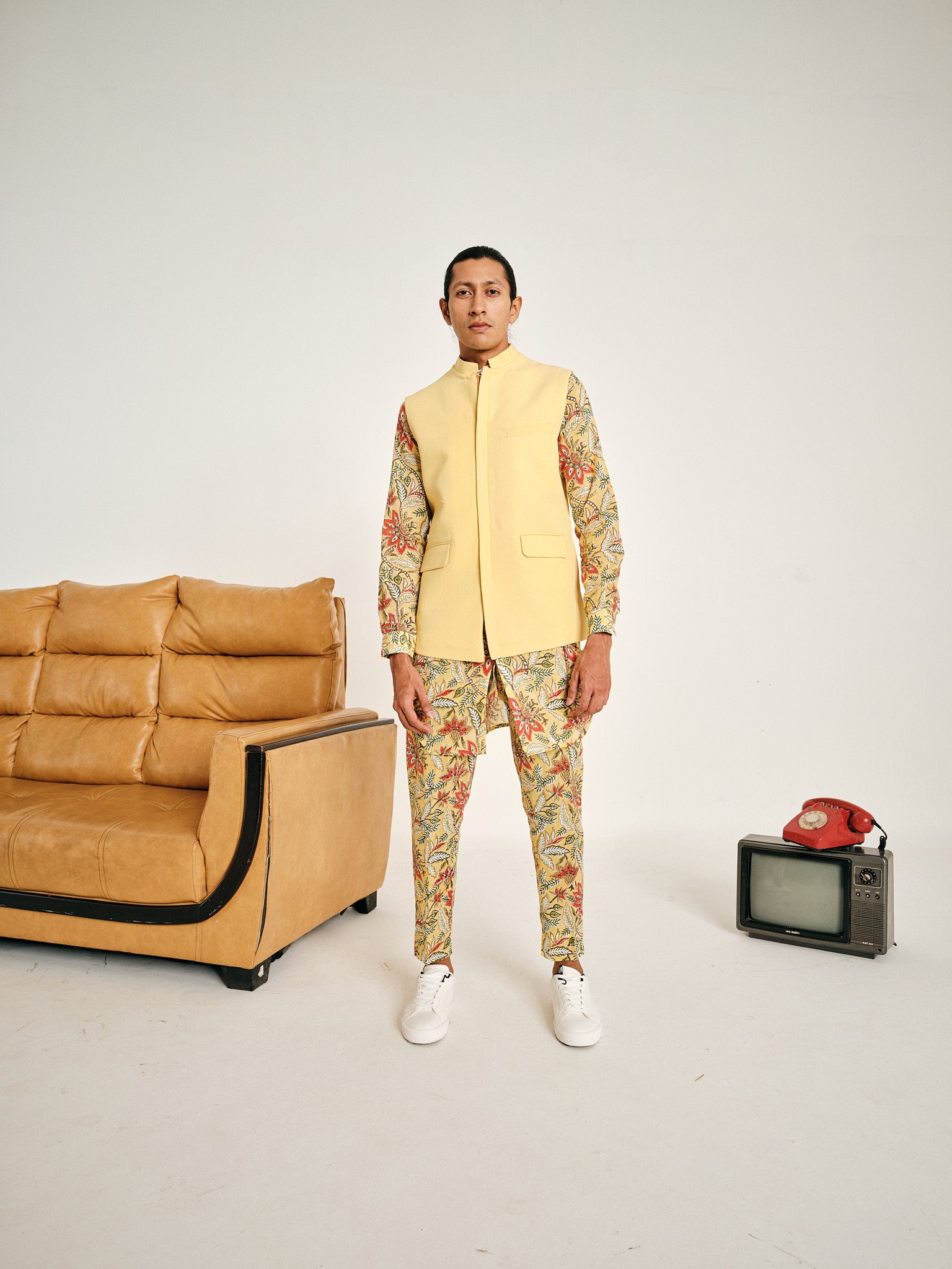 Yellow Gardenia Cotton Kurta Pajama Set & Laguna Cotton Linen Bandi