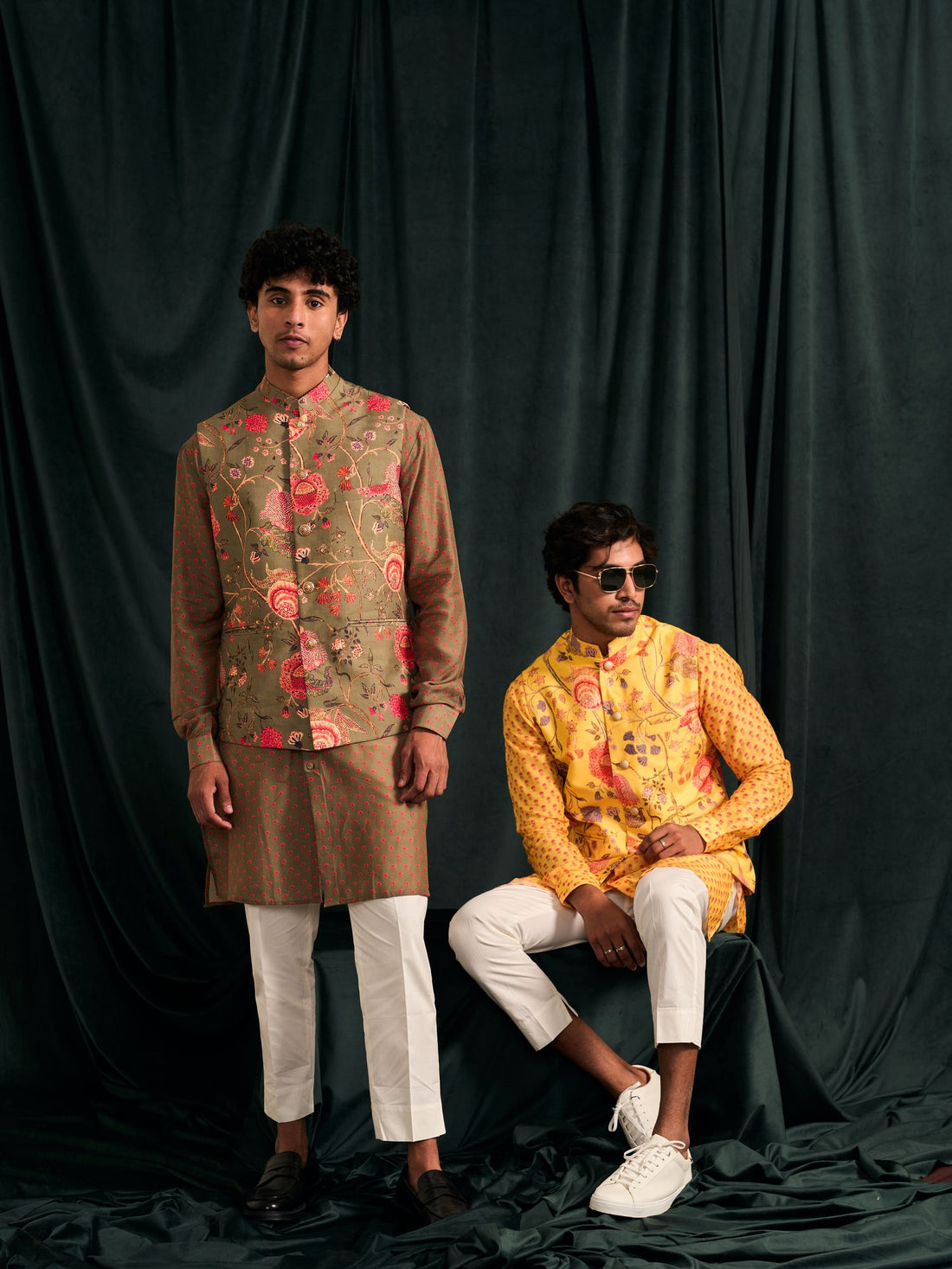 KHAKHI MARIGOLD KURTA PAJAMA & KHAKHI GARDEN OF EDEN BANDI