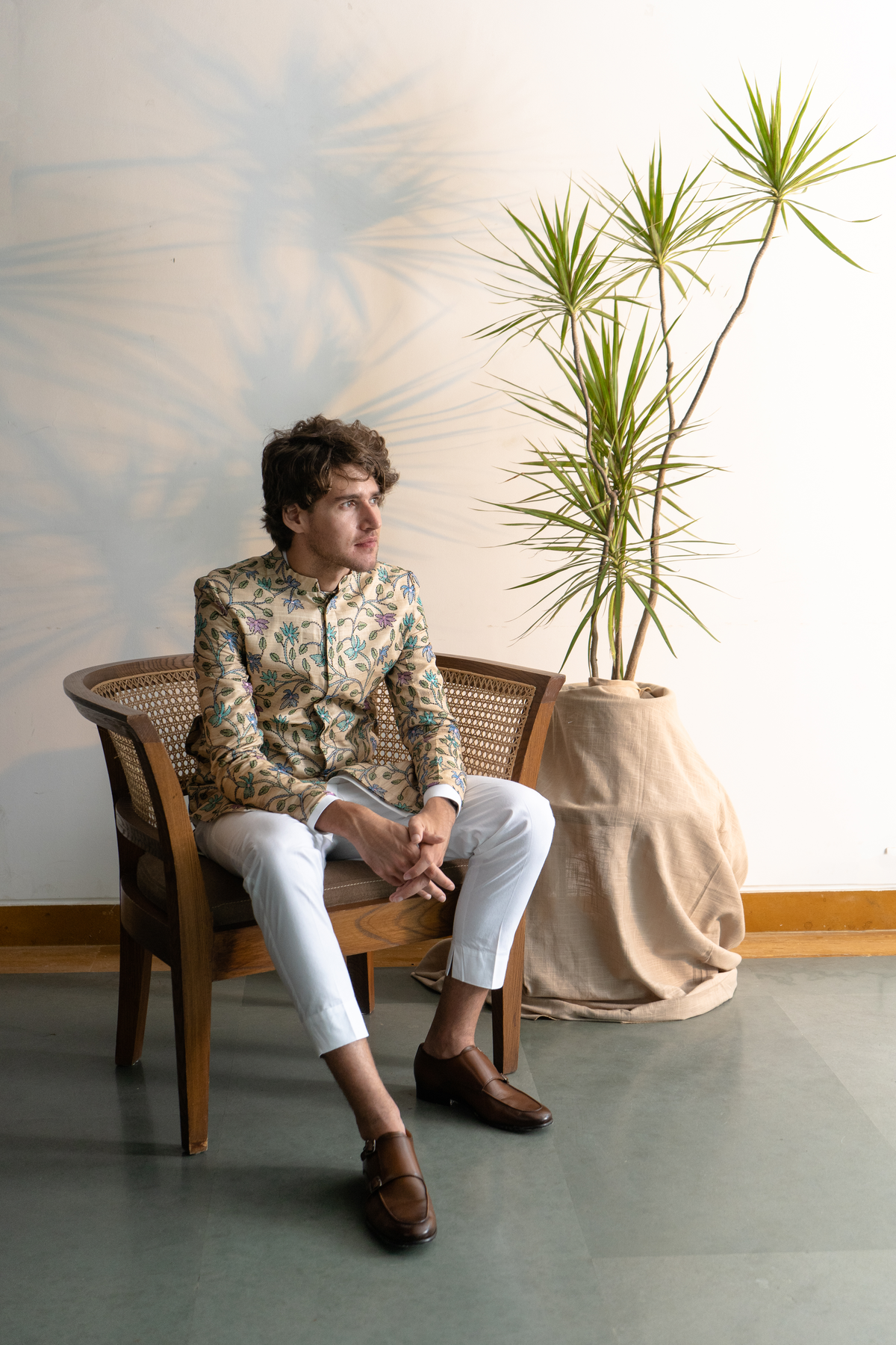 TUSSAR ACHKAN WITH GREEN AND PURPLE KANTHA THREADWORK AND WHITE KURTA PAJAMA - (Ready To Ship)