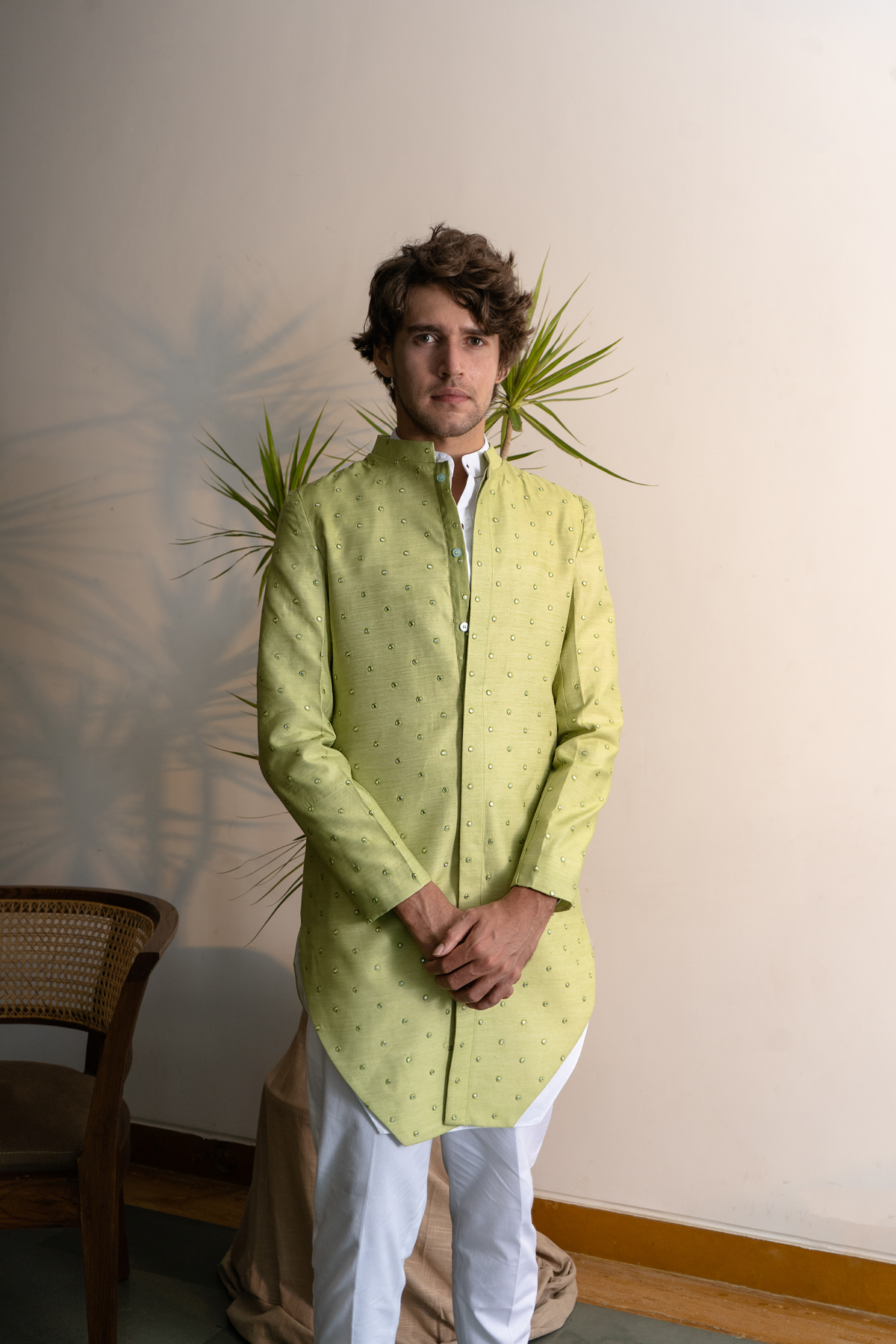 LIME DROPPED CHANDERI ACHKAN WITH WHITE KURTA AND PAJAMA