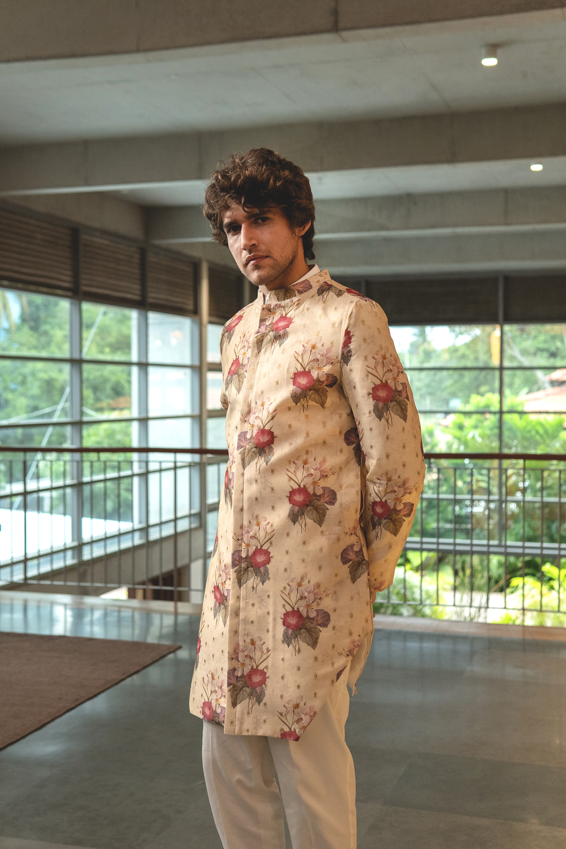 CREAM CHANDERI JARI BUTI ACHKAN WITH FLORAL PRINT AND WHITE KURTA PAJAMA - RTS