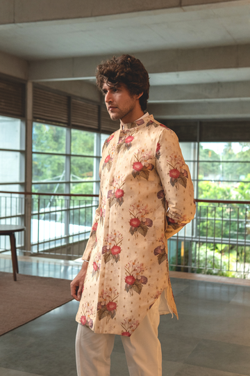 CREAM CHANDERI JARI BUTI ACHKAN WITH FLORAL PRINT AND WHITE KURTA PAJAMA - RTS