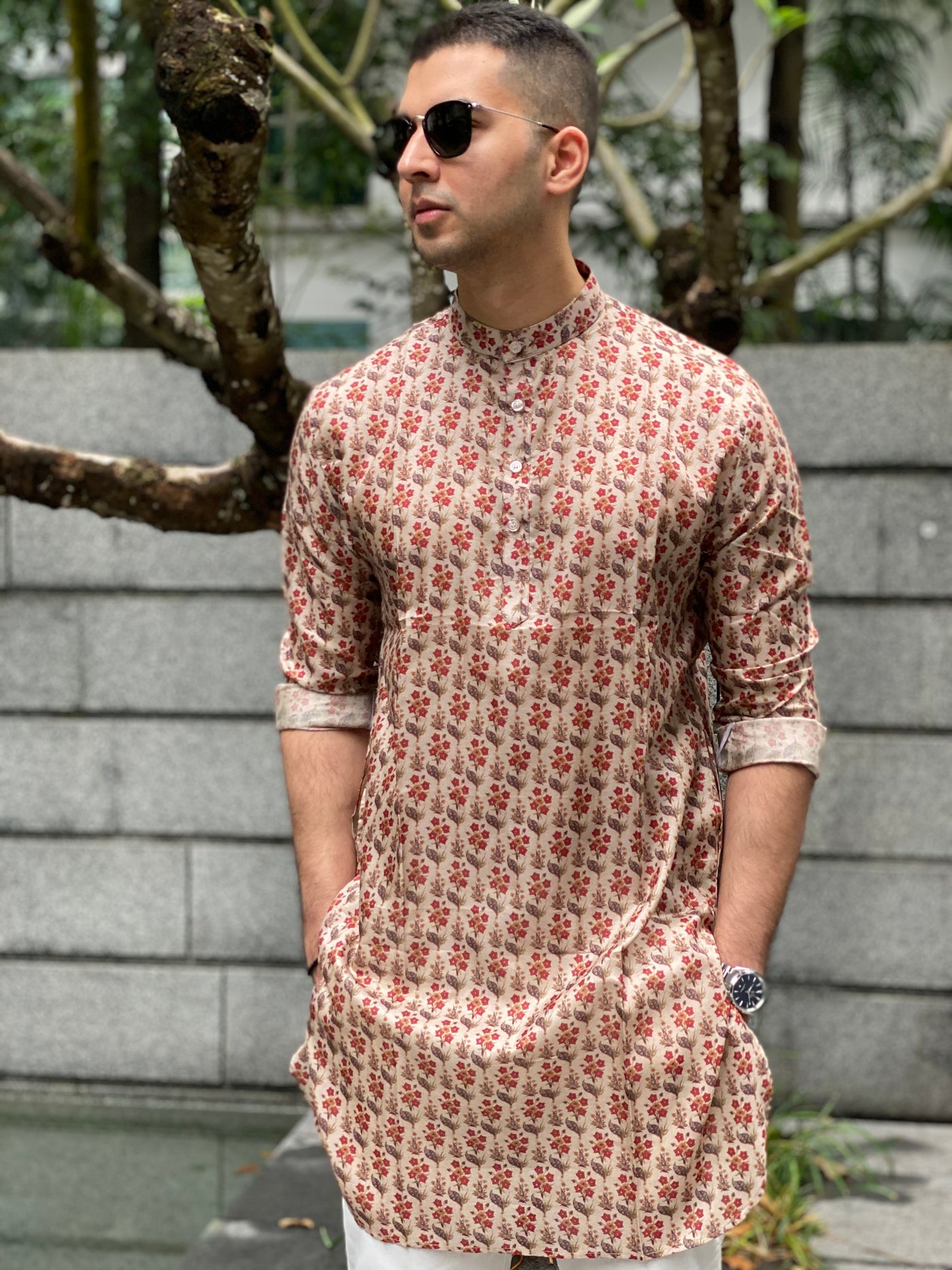 Cotton Silk Kurta with All over Floral Motifs and white pajama set